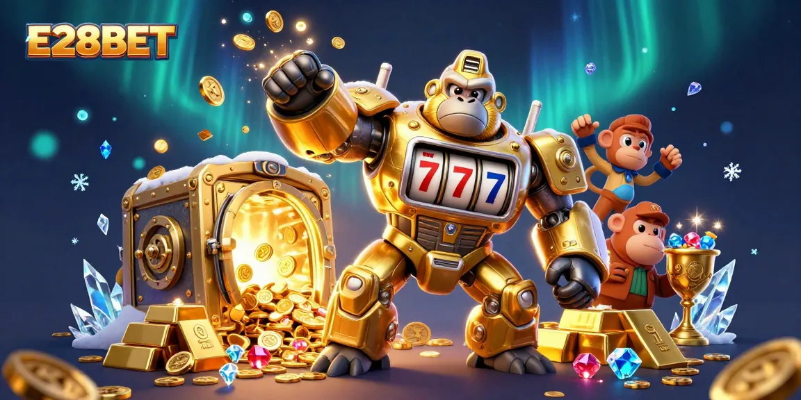 E28BET's exciting golden gorilla mech erupts with winnings, surrounded by treasures and casino elements.