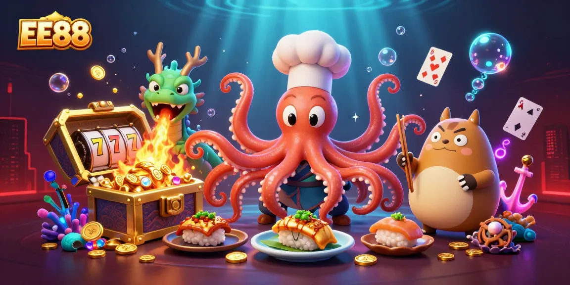 Engage with EE88's vibrant casino scene featuring an octopus chef, dragon, and tanuki, amidst slot reels and underwater treasures.