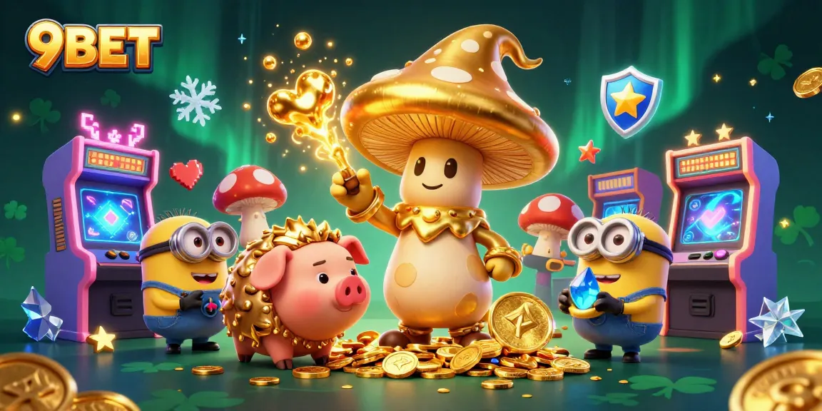 Experience thrilling wins at 9BET with a vibrant casino scene of whimsical characters and dynamic game elements.