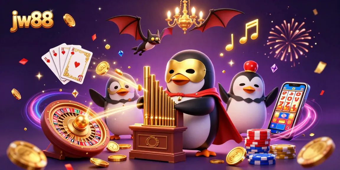 Experience exciting gaming at jw88 with a lively 3D scene of a penguin organist amid cascading coins.