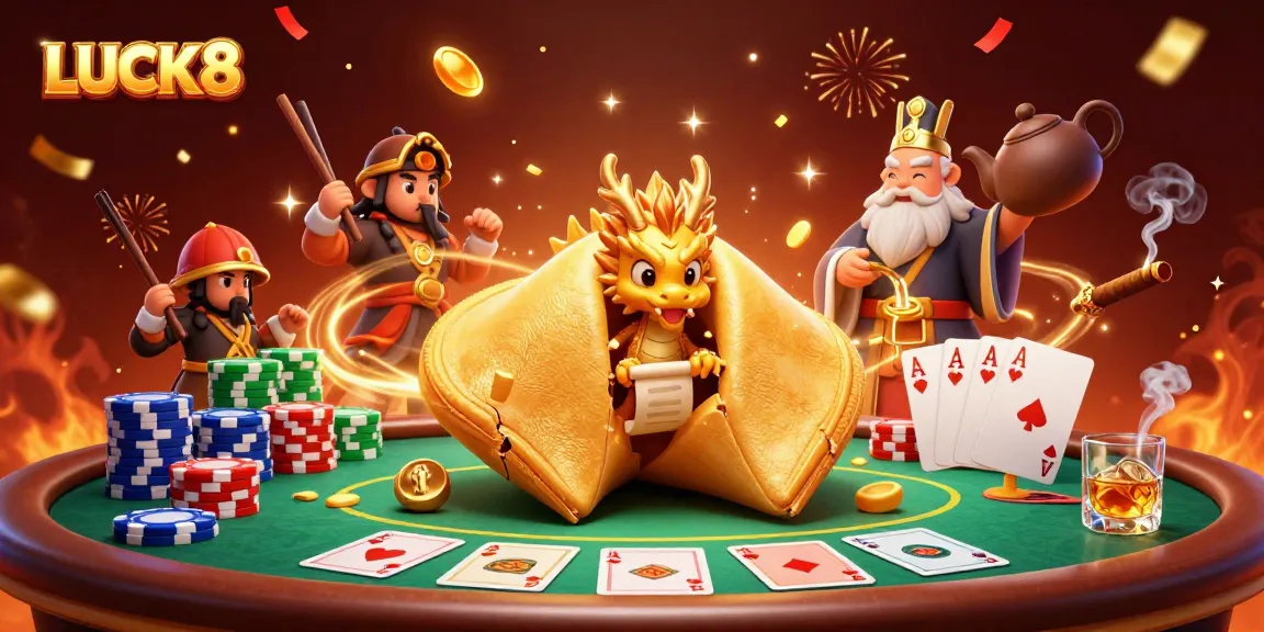 LUCK8 offers exciting live casino games, featuring dynamic illustrations of fortune cookies and poker elements.