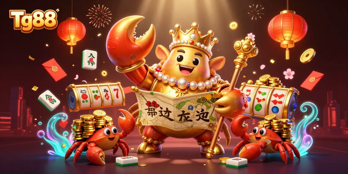 Experience the excitement of Tg88 with a vibrant 3D scene showcasing a golden crab emperor and slot elements.