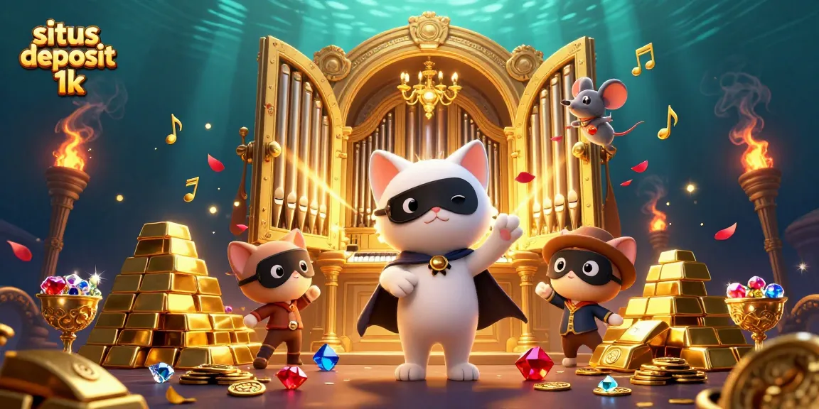 Sparkle and light burst from a 3D casino scene showcasing situs deposit 1k with a charming cat at a pipe organ.