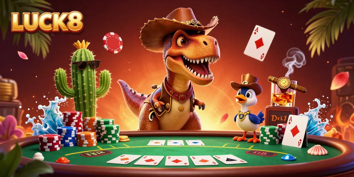 Play dynamic poker with LUCK8 in a vibrant cowboy-themed casino scene.