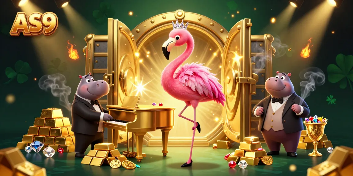 Exciting AS9 casino scene with flamingo singer, hippo bassist, and treasure elements