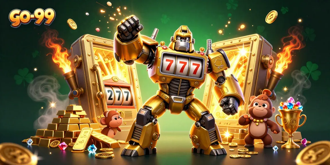 Experience excitement with go-99's golden gorilla mech and treasure explosion in a vibrant casino scene.