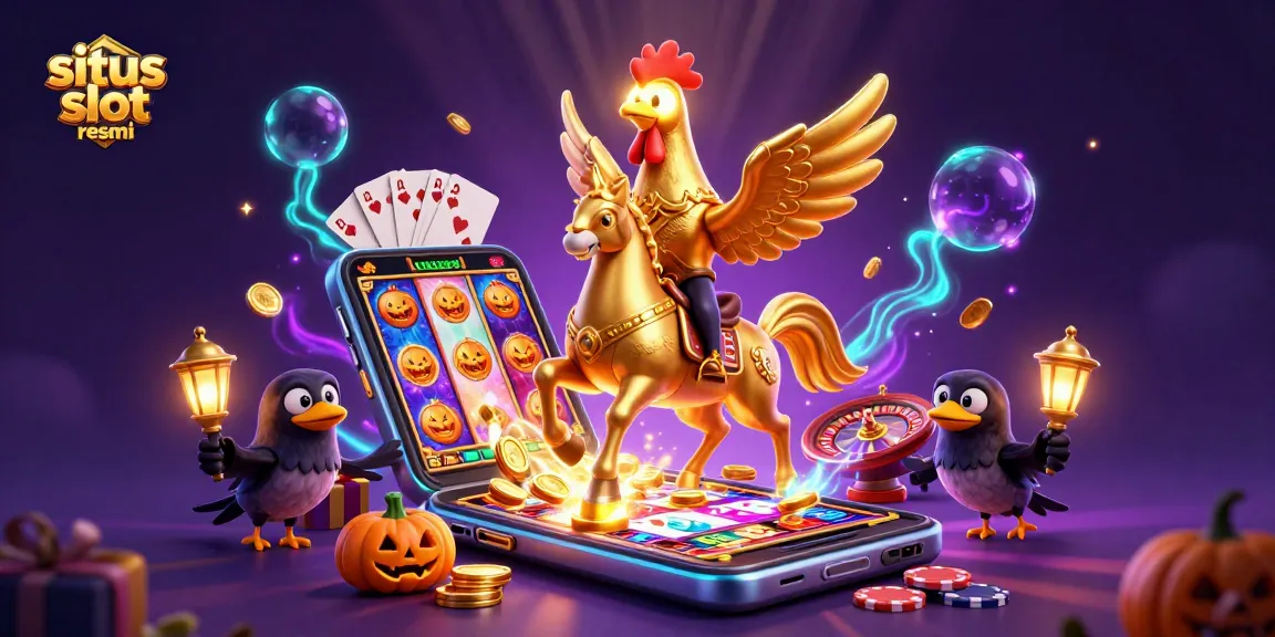 Experience the thrill at situs slot resmi with festive golden rooster and crow companions amid vibrant casino elements.