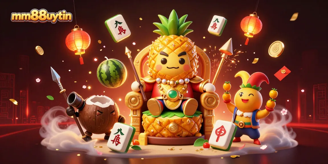 Experience vibrant gaming thrills at mm88uytin with a cartoon golden pineapple king and casino elements.