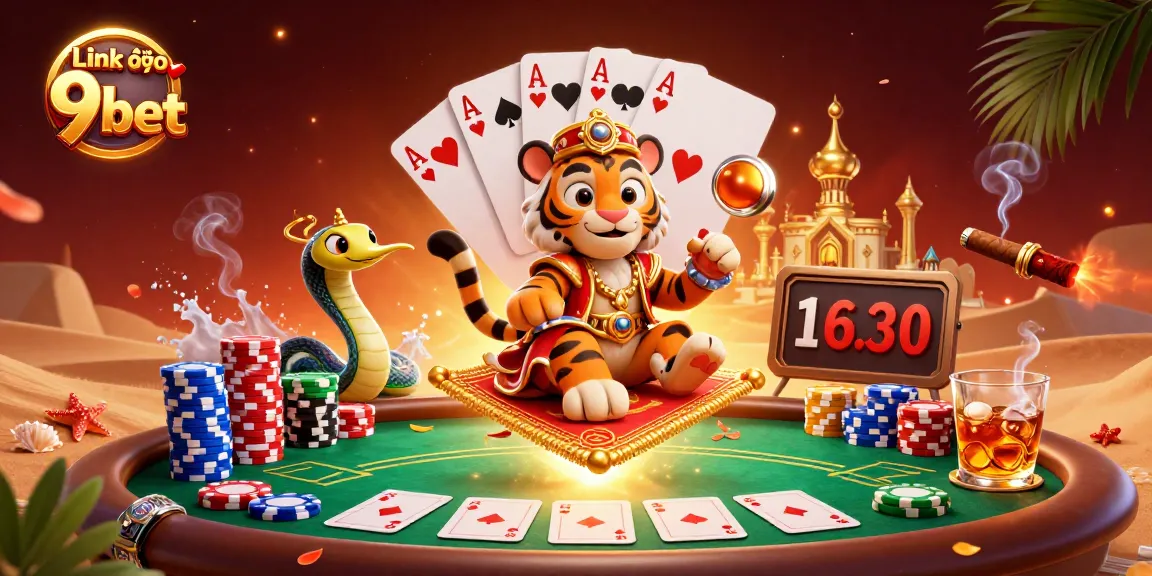 Experience casino thrills with Link vào 9bet's engaging poker scene featuring a tiger sultan and vibrant game elements.
