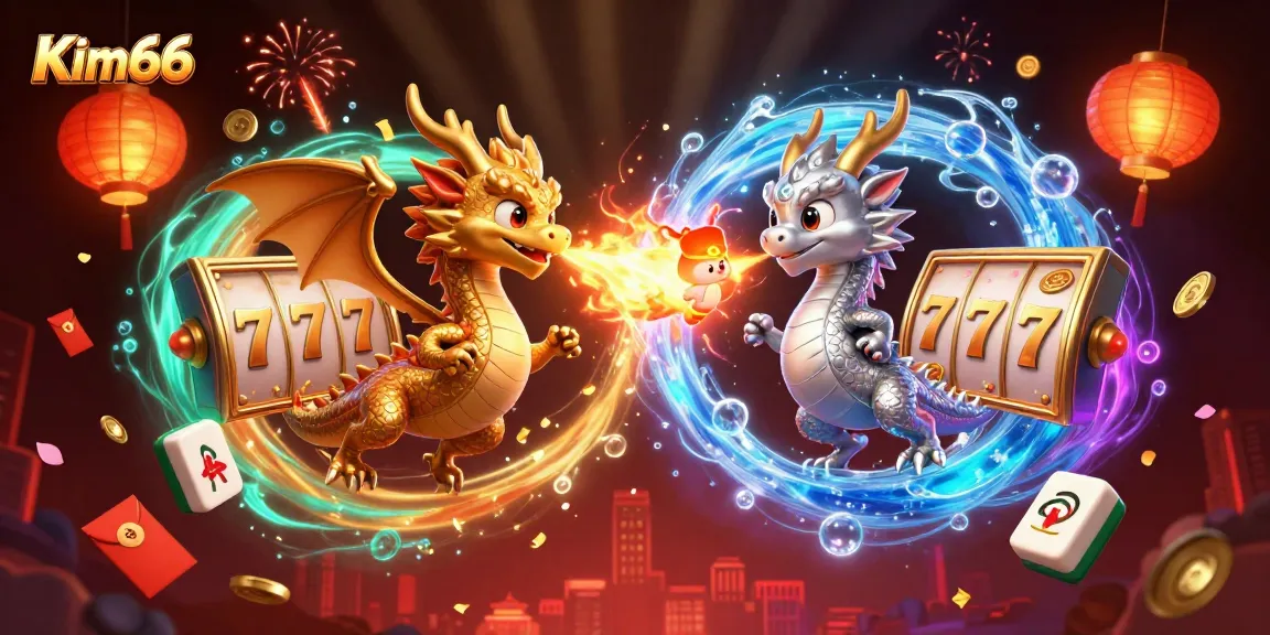 Experience thrilling gaming action at Kim66 with gold and silver dragons amidst vibrant casino elements.