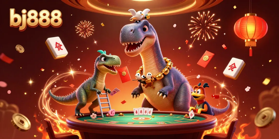 Experience bj888 with a fun-filled casino illustration featuring unique characters and game elements.