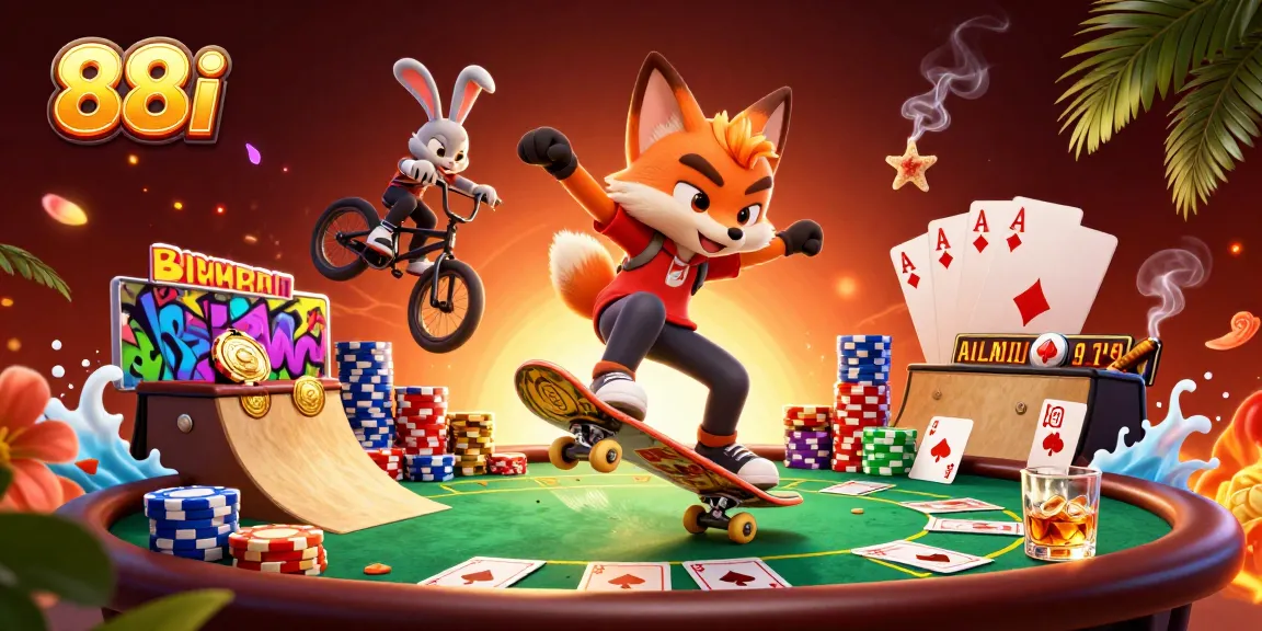 Winning strategies at 88i Casino feature a vibrant scene with a fox skateboarder and rabbit BMX tricks.