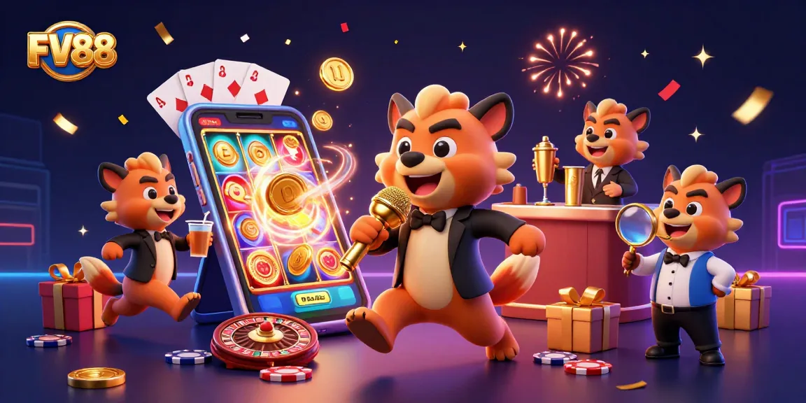 Experience thrilling fun at FV88 casino with vibrant hyenas in a comedy club setting.