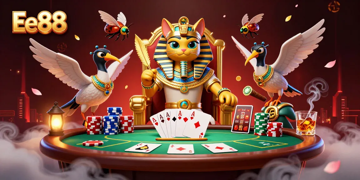 Experience thrilling poker action with Ee88's Egyptian-themed casino scene featuring a pharaoh cat.