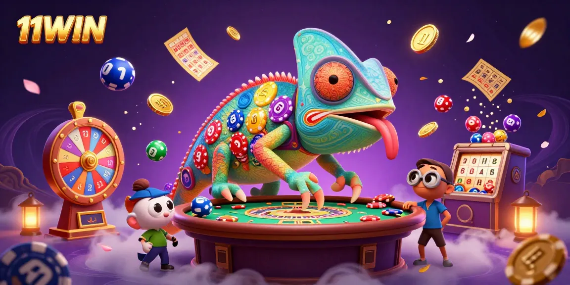 Engage with 11WIN's captivating casino scene featuring animated chameleon and vibrant game elements.