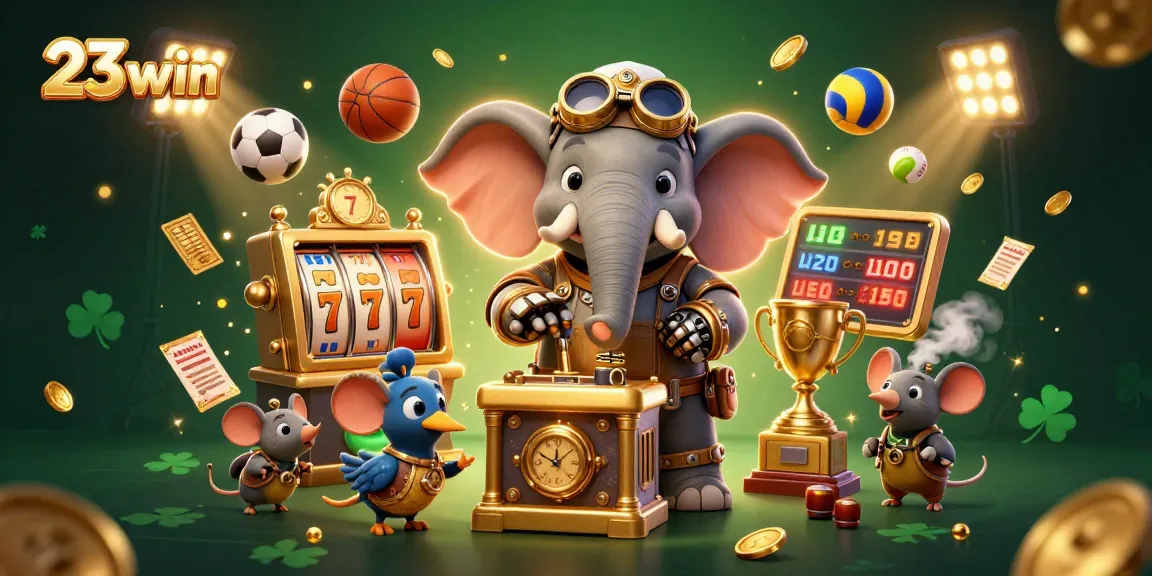 Experience thrilling wins at 23win with a vibrant slot machine scene featuring steampunk characters and sports elements.