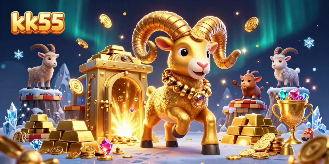 Experience thrilling wins at kk55 with a golden ram charging past a treasure vault in this dynamic casino scene.