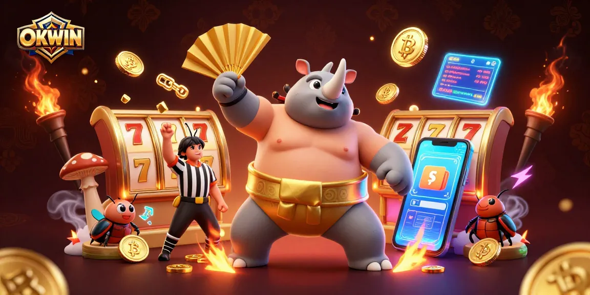 OKWIN delivers exciting slot games with golden coins and vibrant visuals in a captivating casino illustration.