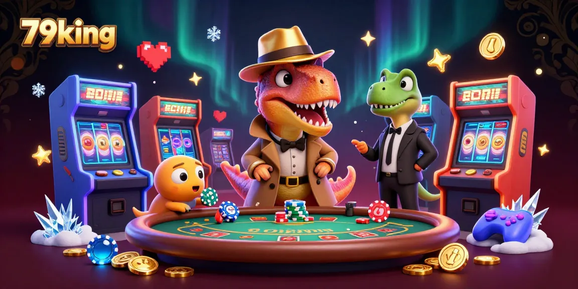 79king presents a vibrant casino scene with a velociraptor card counter, surrounded by glowing game elements and a dynamic environment.