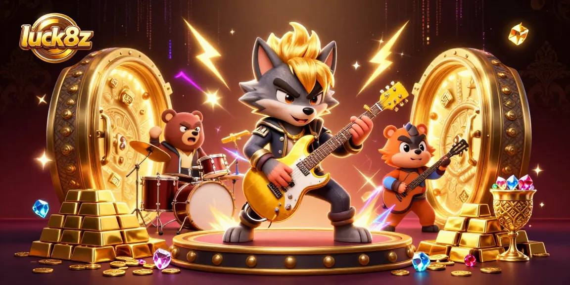 Experience winning with luck8z as a rock star wolf shreds on stage in a glittering casino.