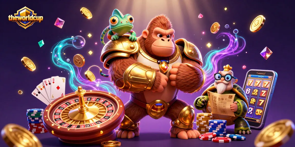 Theworldcup representation of a powerful gorilla king in casino-themed 3D scene showcasing gambling elements.