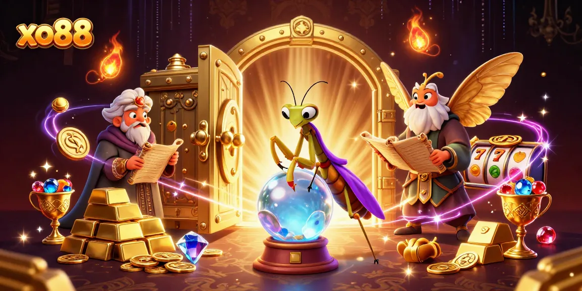 Experience xo88 excitement with a vibrant 3D casino illustration featuring a fortune teller and treasures.