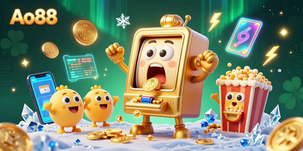Experience the thrill with Ao88's golden slot machine hitting a jackpot, surrounded by cheering mini slots and cryptocurrency elements.