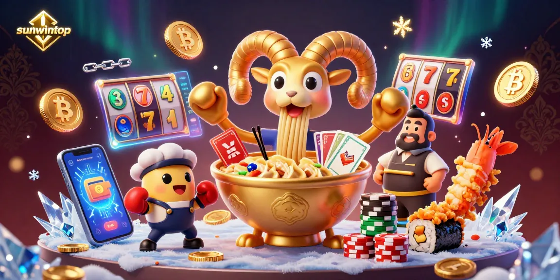 Experience a thrilling game at sunwintop with a cartoon ramen bowl dealer amidst vibrant gambling elements.