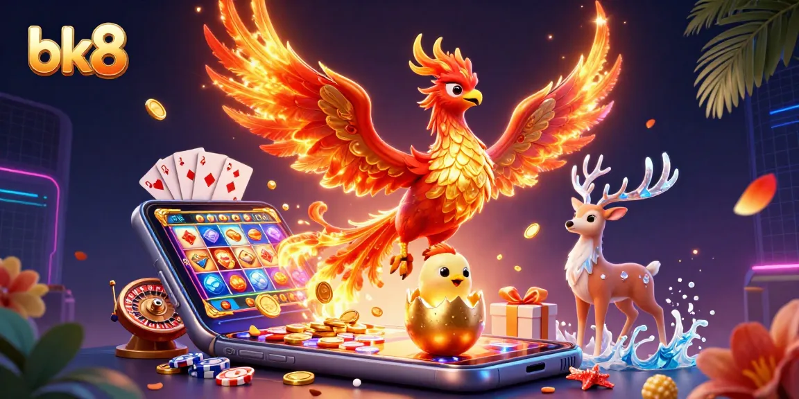 Experience thrilling gaming with bk8's vibrant phoenix and golden slot prize elements.