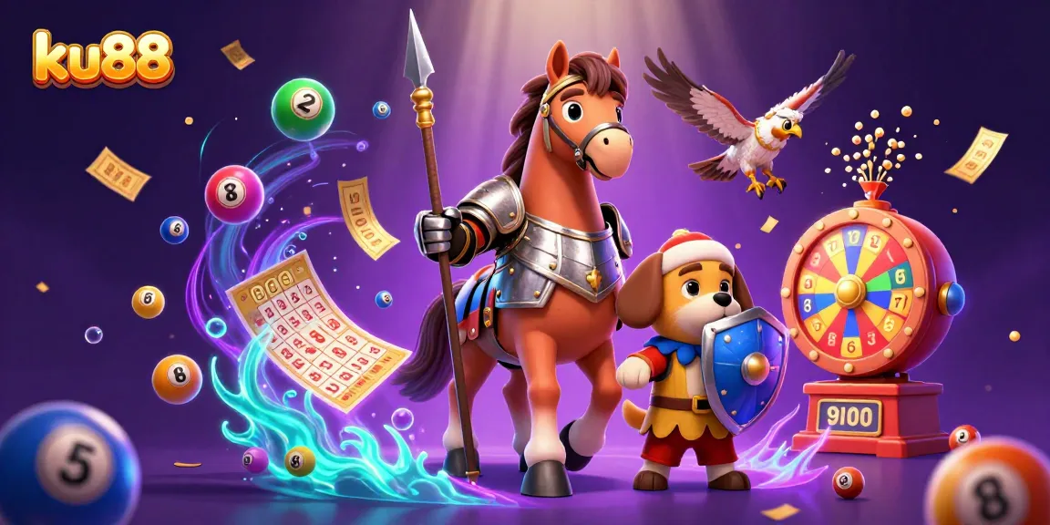 Engage with ku88's vibrant lottery scene featuring a knight, puppy, and falcon amidst dynamic elements.